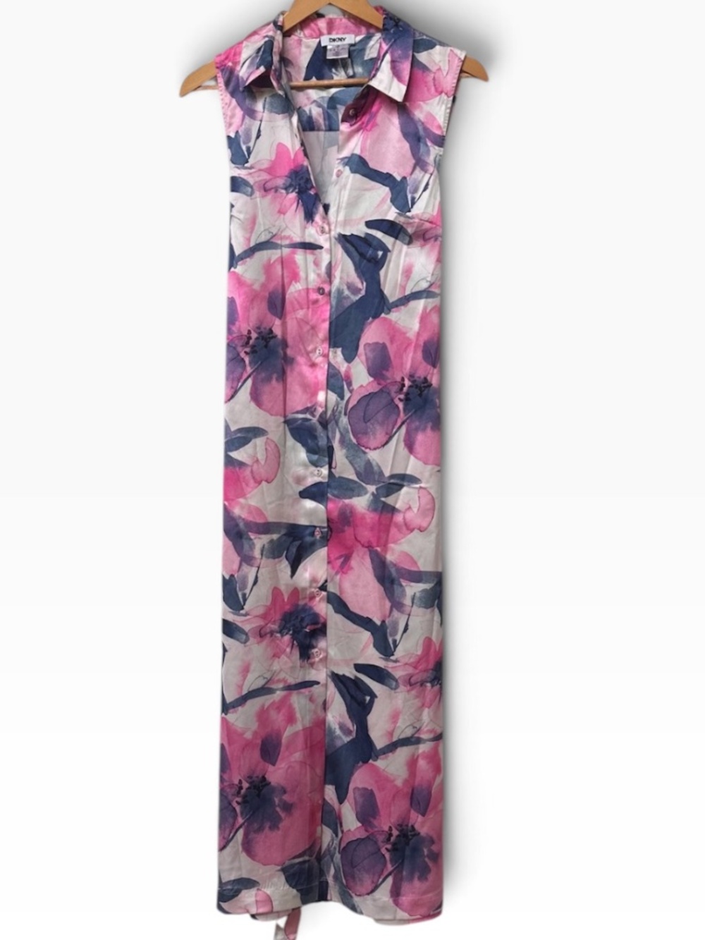 NWT DKNY Floral Sleeveless Button Front Shirt Dress Pink Navy Small 🌸